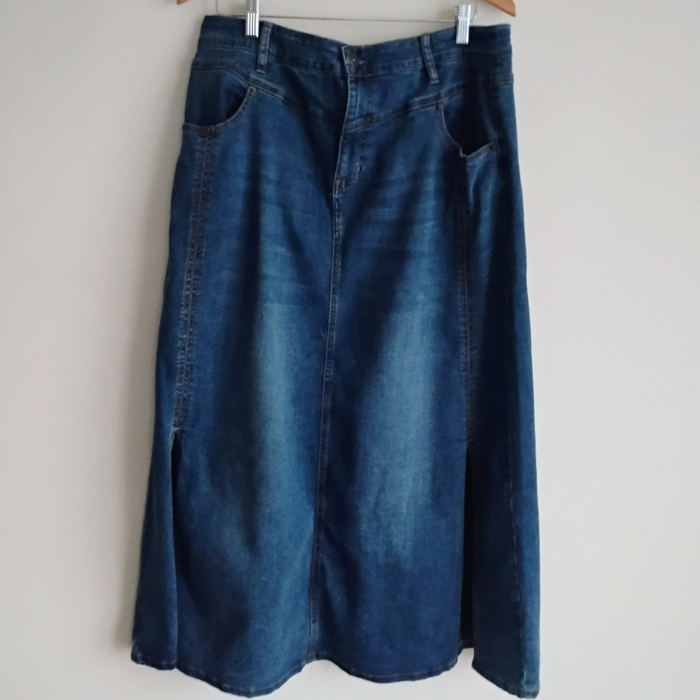 NWT Ashley Stewart Denim Split Skirt Midi Maxi Preppy Classic Boho Quiet Luxury
